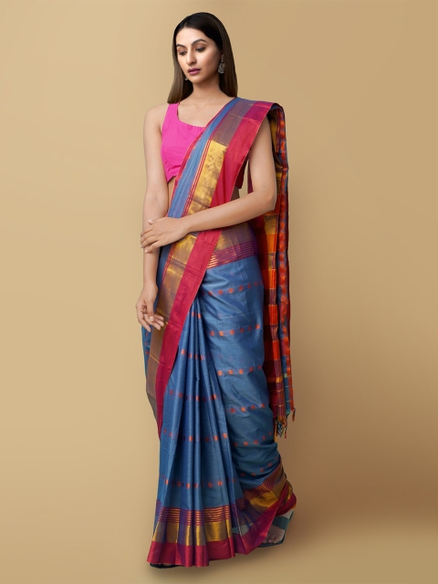 

Unnati Silks Blue & Maroon Zari Silk Cotton Narayan Peth Sustainable Saree