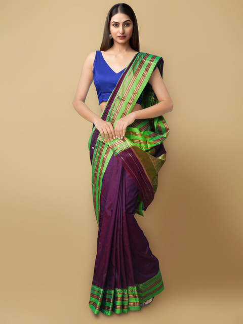 

Unnati Silks Burgundy & Green Woven Design Zari Silk Cotton Handloom Narayan Peth Saree