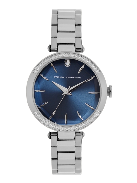 

French Connection Women Blue Embellished Dial & Silver Toned Stainless Steel Bracelet Style Straps Analogue Watch