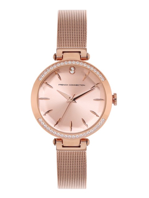 

French Connection Women Rose Gold-Toned Embellished Dial & Rose Gold Toned Stainless Steel Bracelet Style Watch