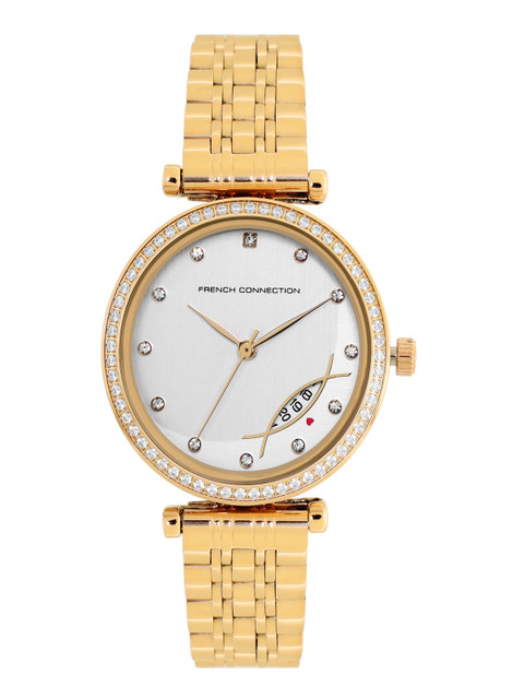 

French Connection Women Gold-Toned Embellished Dial & Silver Toned Stainless Steel Bracelet Style Straps Watch