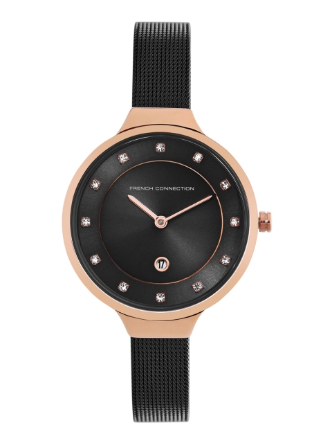 

French Connection Women Black Embellished Dial & Black Stainless Steel Bracelet Style Straps Analogue Watch