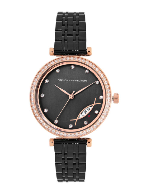 

French Connection Women Black Embellished Dial & Black Stainless Steel Straps Analogue Watch