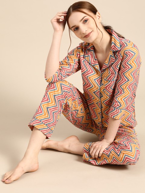 

MABISH by Sonal Jain Women Mustard & Pink Striped Night suit