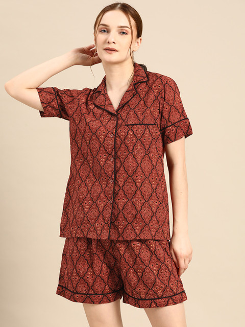

MABISH by Sonal Jain Women Rust Red & Black Pure Cotton Printed Shorts Set