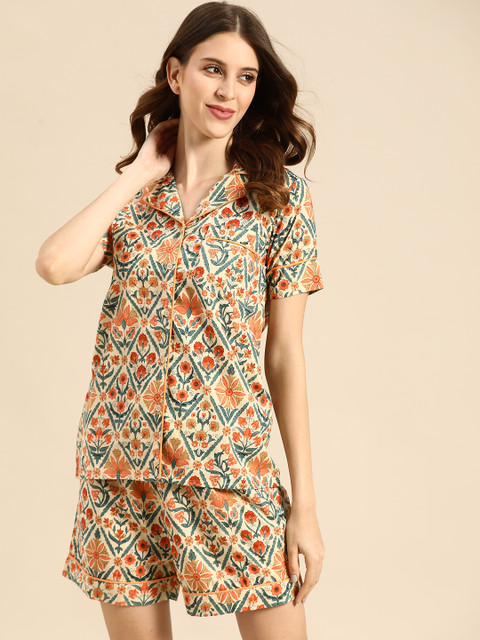

MABISH by Sonal Jain Women Beige & Orange Printed Night suit