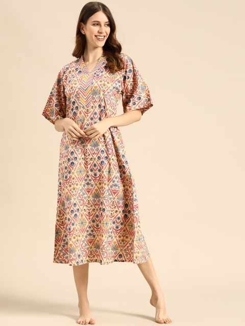

MABISH by Sonal Jain Beige & Pink Cotton Printed Nightdress