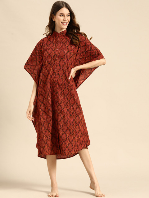 

MABISH by Sonal Jain Rust Brown Cotton Printed Kaftan Nightdress