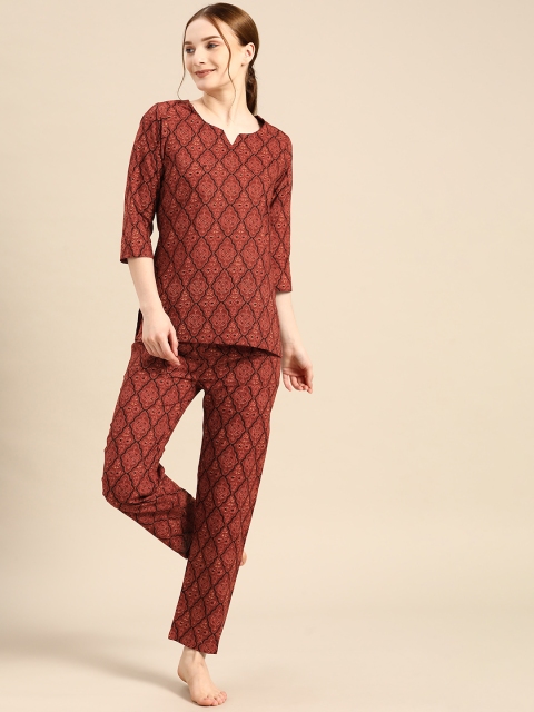 

MABISH by Sonal Jain Women Rust Brown & Black Printed Pure Cotton Night suit
