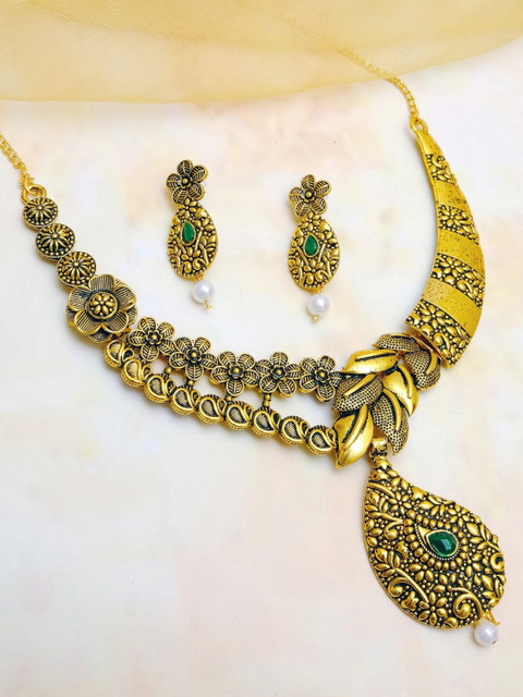 

Crunchy Fashion Gold-Plated & Green Stone-Studded Antique Handcrafted Polki Floral Jewellery Set
