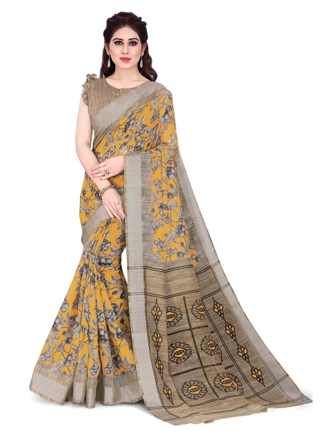 

KALINI Mustard & Beige Polycotton Floral Print Bagh Saree