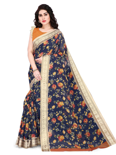 

KALINI Women Navy Blue & Multicolor Bagh Floral Print Polycotton Saree
