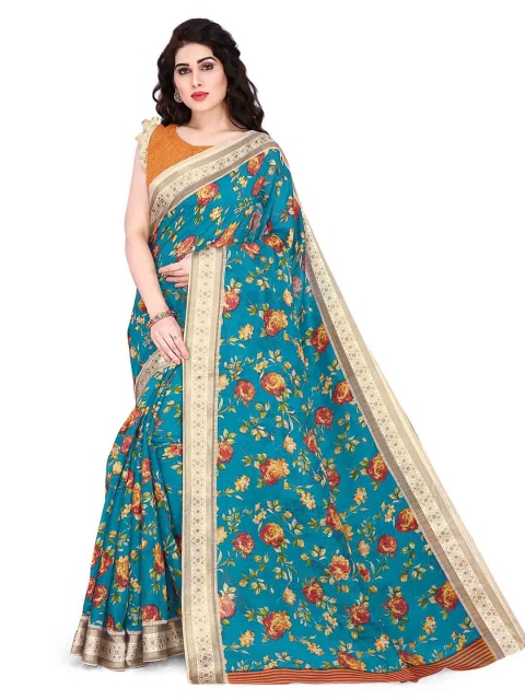 

KALINI Turquoise Blue & Orange Floral Polycotton Bagh Saree