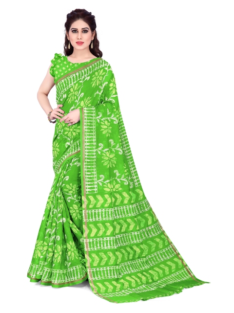 

KALINI Women Parrot Green& Off White Batik Floral Motifs Poly Cotton Saree