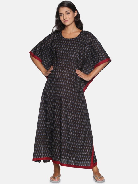 

The Mom Store Black Printed Maxi Maternity and Feeding Kaftan Nightdress