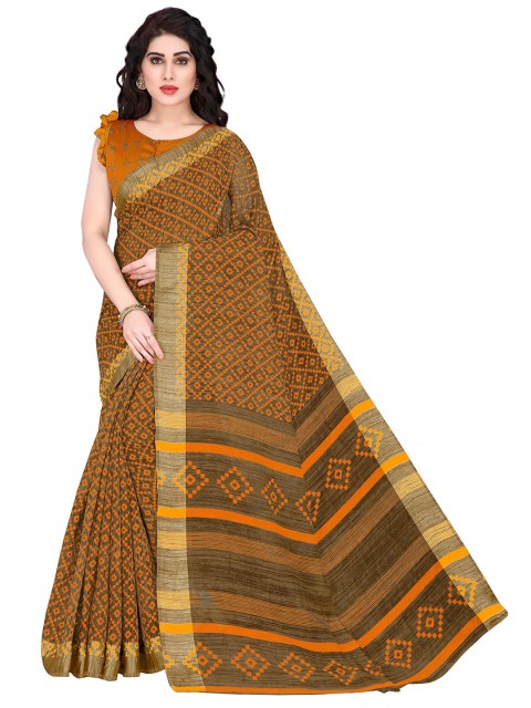 

KALINI Beige & Mustard Printed Zari Saree