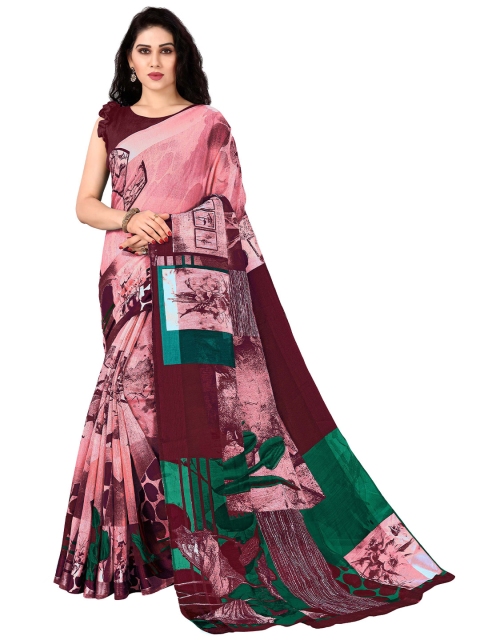 

KALINI Pink & Maroon Polycotton Abstract Print Saree