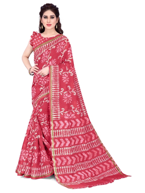 

KALINI Pink & White Ethnic Motifs Polycotton Zari Saree