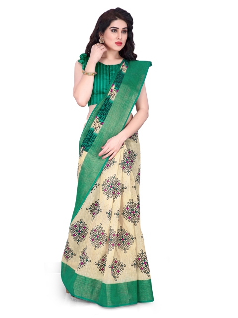 

KALINI Cream-Coloured & Green Ethnic Motifs Saree