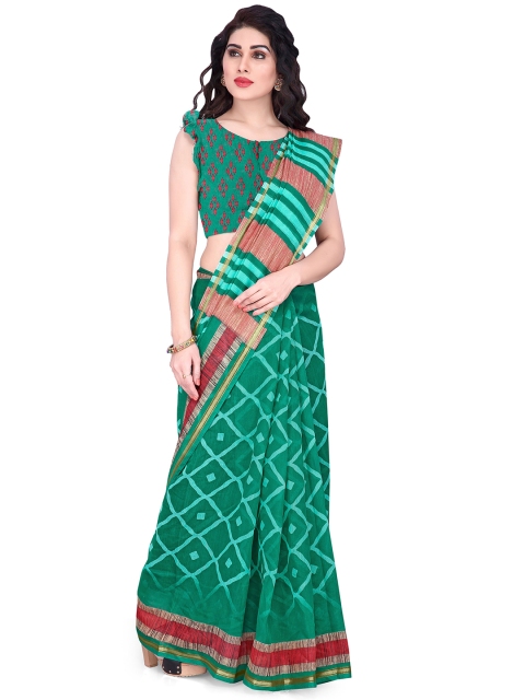 

KALINI Green and Red Geometric Print Polycotton Saree
