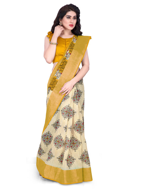 

KALINI Cream-Coloured & Yellow Printed Saree
