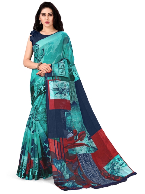 

KALINI Teal & Red Floral Zari Saree