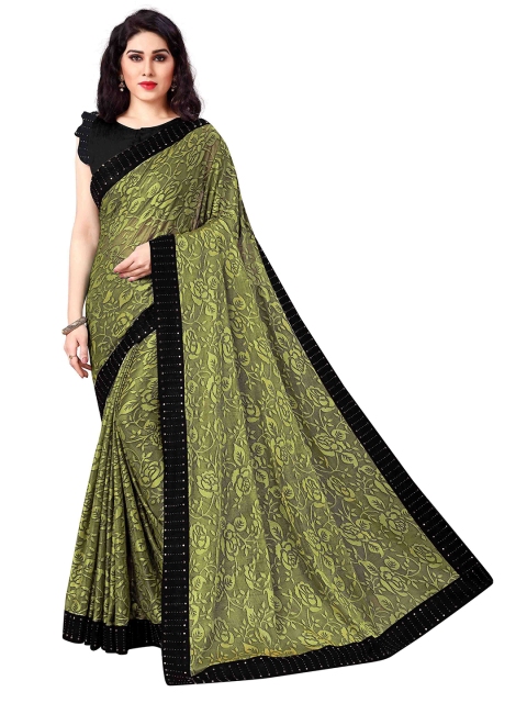 

KALINI Green & Black Floral Beads and Stones Lycra Saree