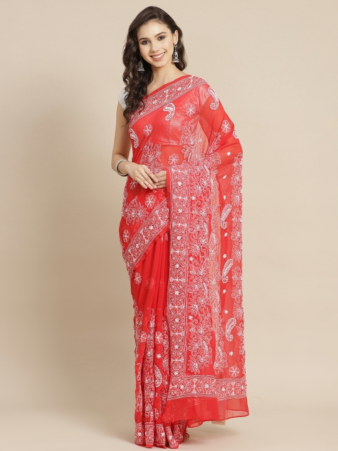 

ADA Red & White Ethnic Chikankari Embroidered Sustainable Saree