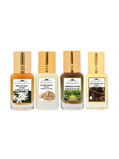 

Menjewell Unisex Set of 4 Raat Ki Rani,Mysore Sandal,Firdaus Oudh,Wooden Musk Attar 200ml, Transparent