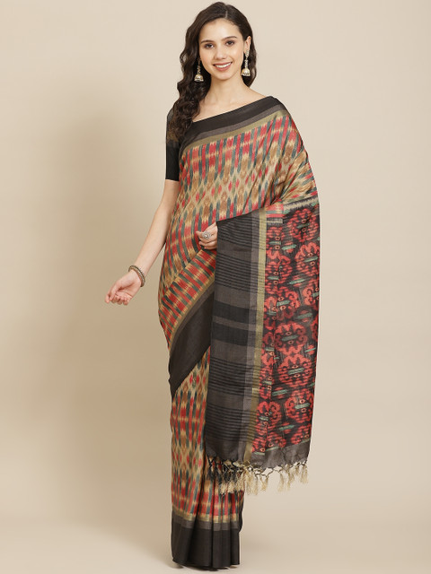 

SHANGRILA Beige & Red Ethnic Motifs Printed Pochampally Saree