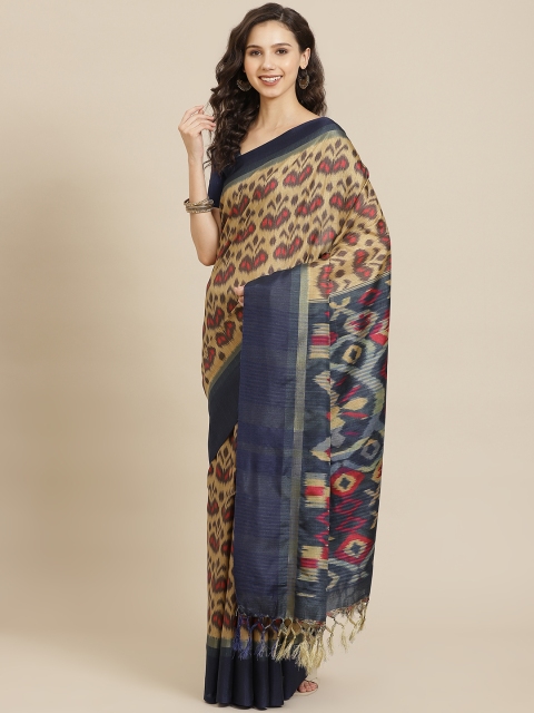 

SHANGRILA Beige & Blue Silk Cotton Ready to Wear Pochampally Saree