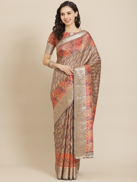 

SHANGRILA Grey & Red Ethnic Motifs Saree