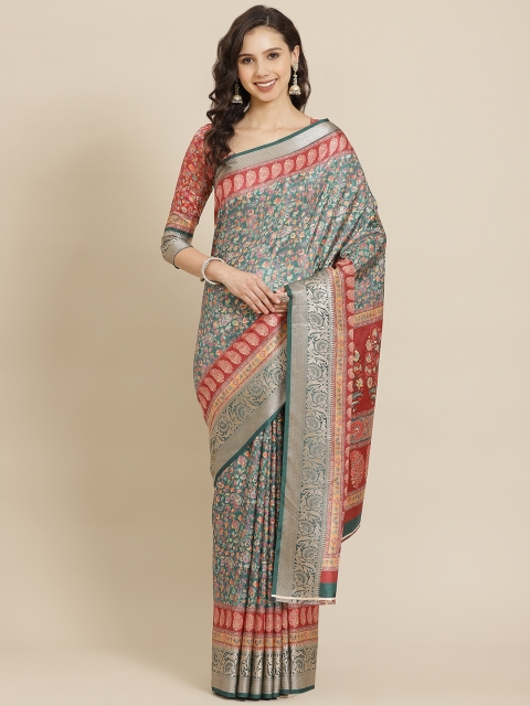 

SHANGRILA Green & Red Ethnic Motifs Zari Saree