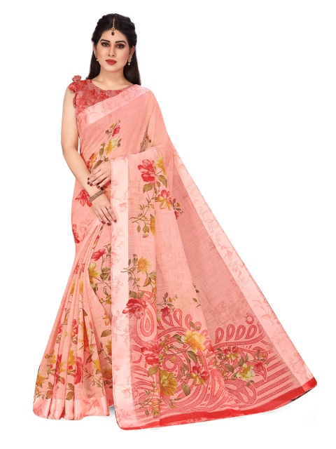 

KALINI Women Peach & Multicolor Bagh Floral Print Poly Cotton Saree