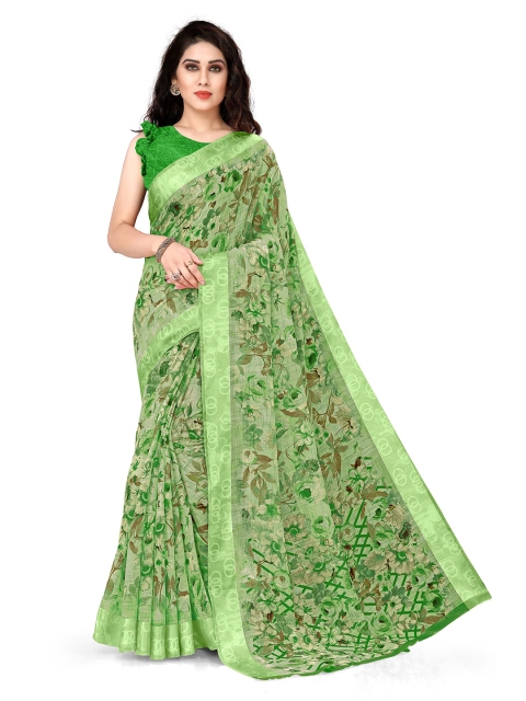 

KALINI Green & Beige Polycotton Floral Bagh Saree
