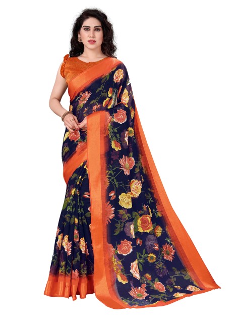 

KALINI Blue & Orange Floral Bagh Saree
