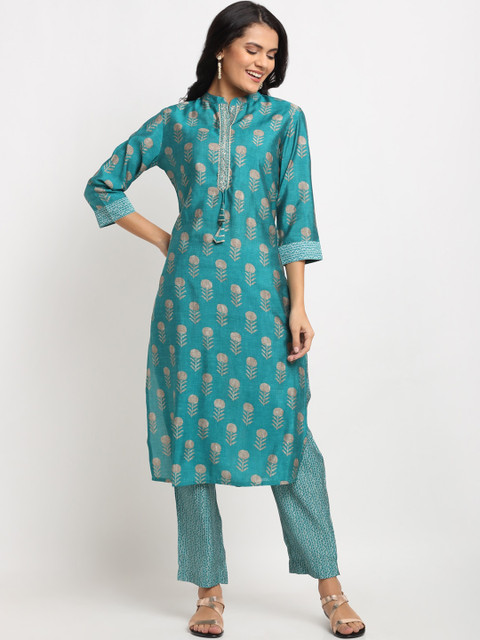 

Ardozaa Women Blue Ethnic Motifs Printed Chanderi Silk Kurta with Trousers