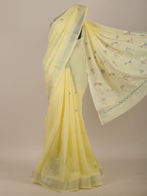 

Pothys Yellow & Silver-Toned Floral Saree