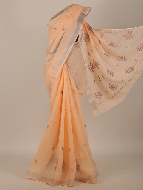

Pothys Peach-Coloured & Red Embroidered Saree