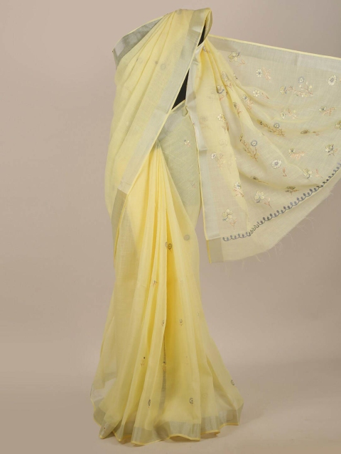 

Pothys Yellow & Silver Toned Floral Embroidered Zari Cotton Blend Saree