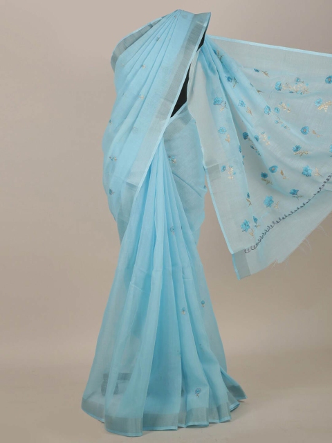 

Pothys Blue & Silver Cotton Blend Floral Embroidered Saree