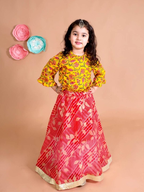 

pspeaches Girls Yellow & Red Printed Ready to Wear Lehenga & Choli