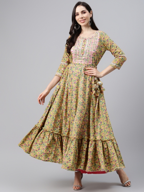 

Silai Bunai Women Mustard Yellow & Pink Pure Cotton Floral Print Anarkali Kurta