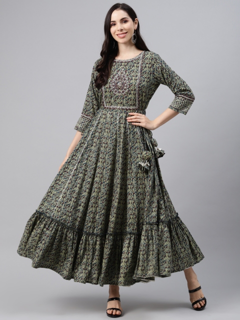 

Silai Bunai Women Navy Blue & Green Pure Cotton Block Print Mirror-Work Anarkali Kurta