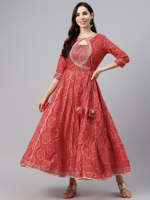 

Silai Bunai Women Red & White Bandhani Printed Gotta Patti Cotton Anarkali Kurta