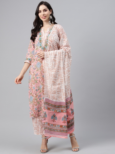 

Silai Bunai Women Pink Floral Printed Pure Cotton Kurta with Trousers & With Dupatta