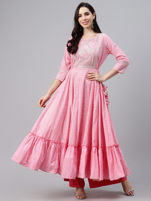 

Silai Bunai Women Pink & White Pure Cotton Bandhani Print Mirror-Work Anarkali Kurta