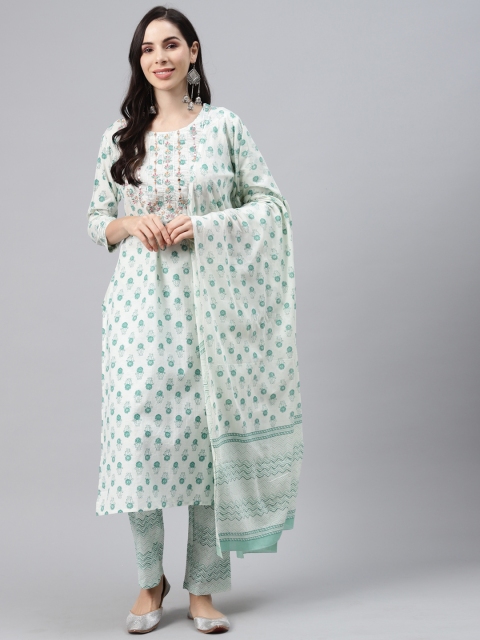 

Silai Bunai Women Off White Ethnic Motifs Printed Thread Work Pure Cotton Kurta with Trousers & With Dupatta
