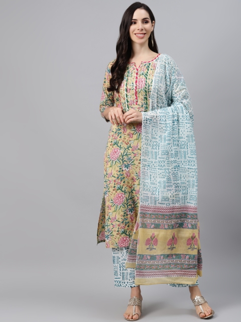 

Silai Bunai Women Mustard Yellow Printed Gotta Patti Cotton Kurta with Palazzos & Dupatta