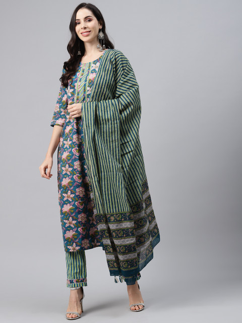

Silai Bunai Women Blue Floral Printed Gotta Patti Pure Cotton Kurta with Trousers & With Dupatta